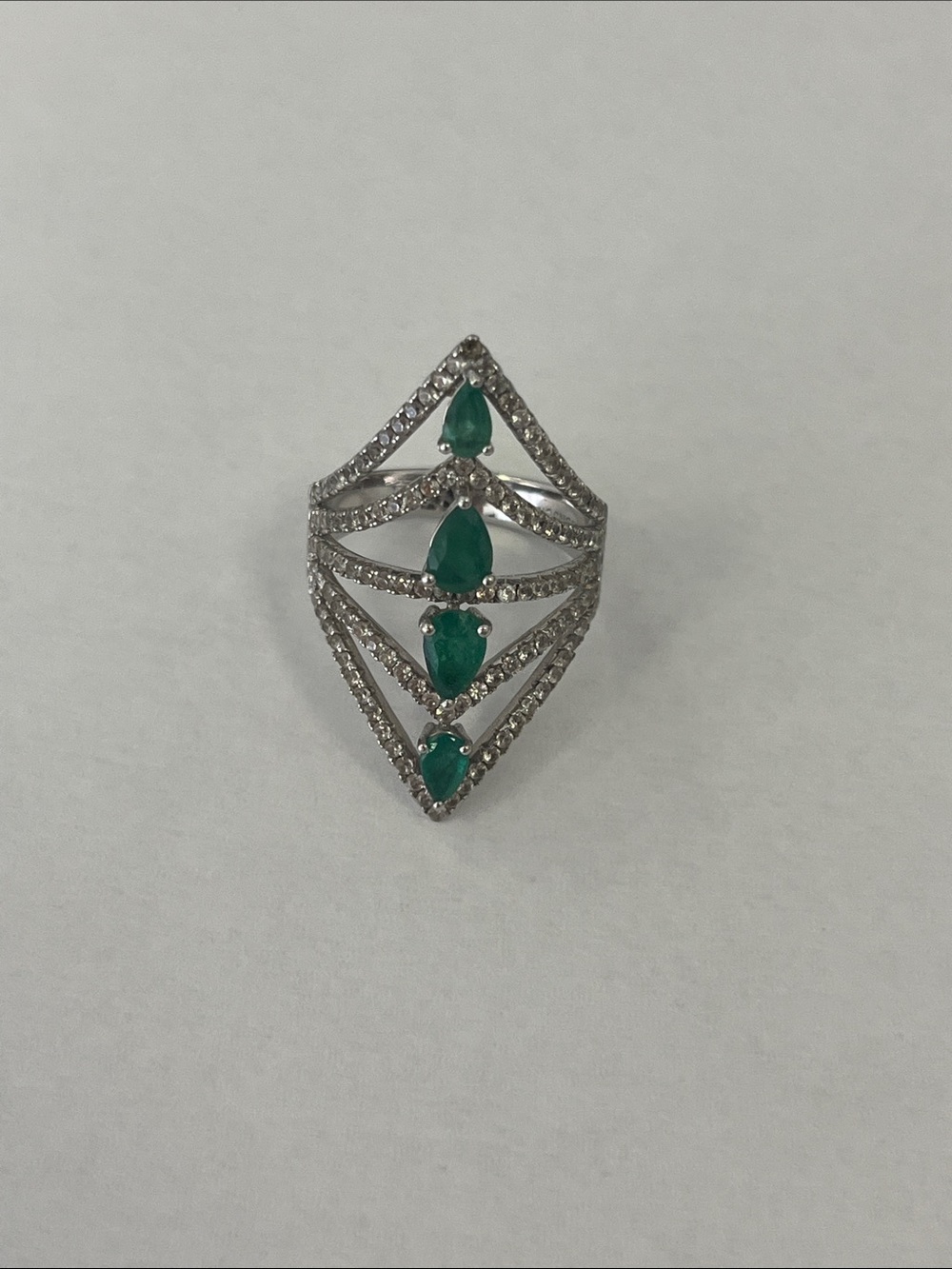 Silver Multi-Row Ring with Green Teardrop Stones - Picture 1 of 1